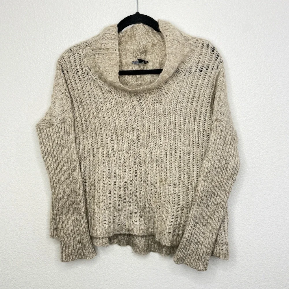 Eileen Fisher Open Knit‎ Mohair Turtleneck Mock Neck Hi Low Oatmeal Sweater Sz L